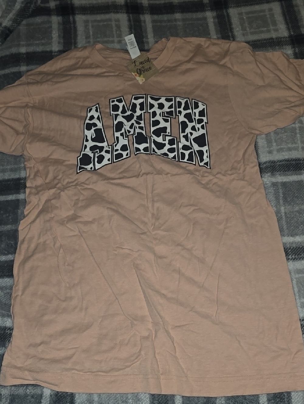 Tultex Peach Graphic Tee with Cow-Print 'AMEN'